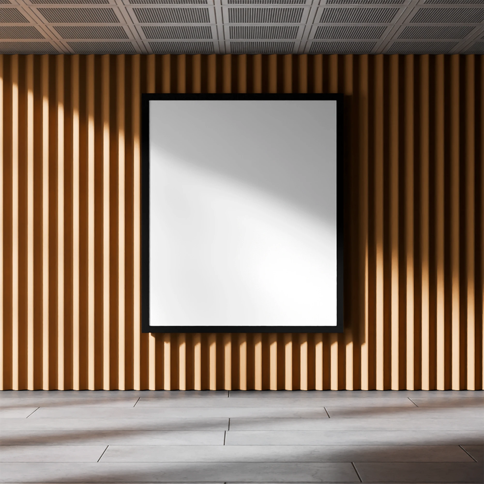 Blank indoor billboard frame on a wooden slat wall