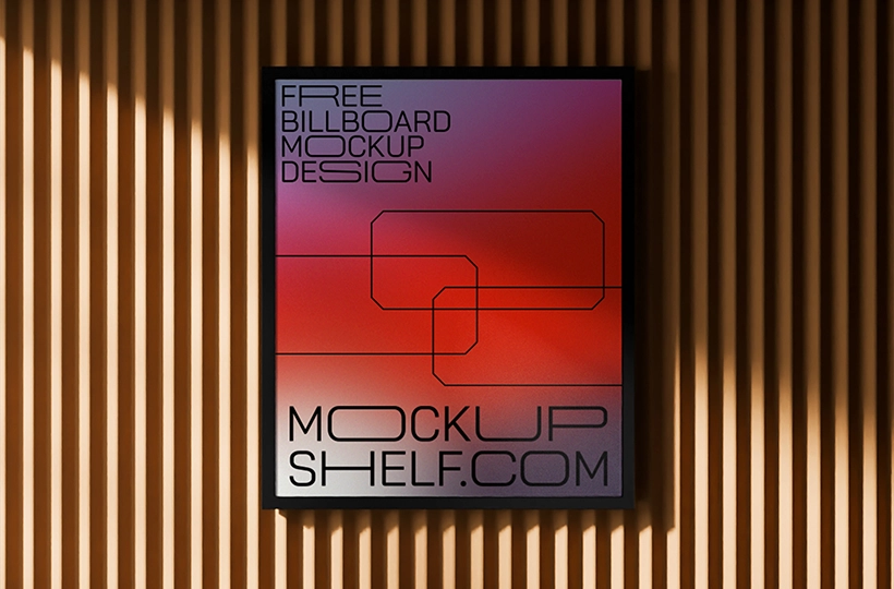 Vertical indoor billboard displayed on a wooden slat wall with soft directional lighting