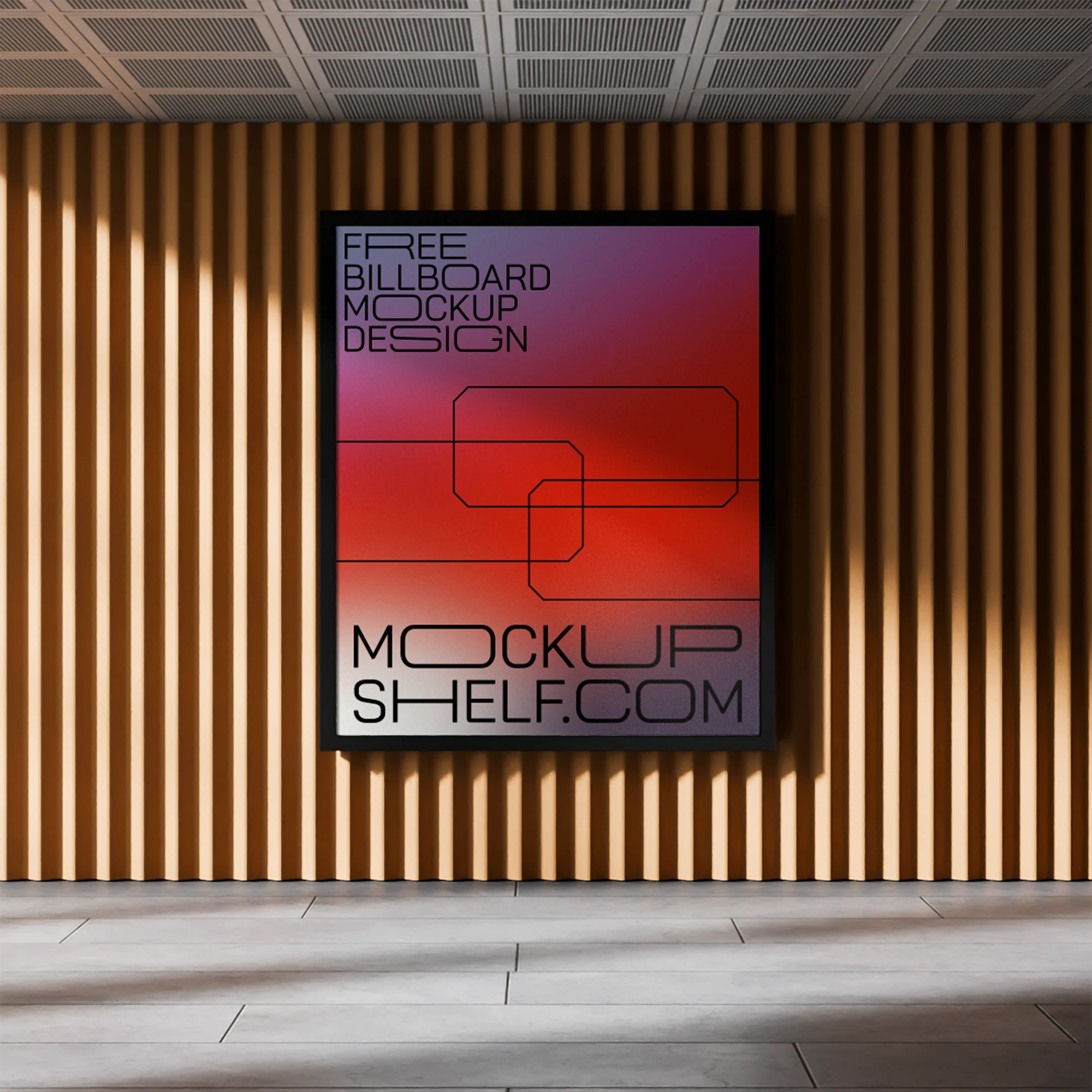 Billboard Mockup with Design, Indoor Advertising Showcase | MockupShelf Indoor framed poster with applied design displayed on a wooden slat wall