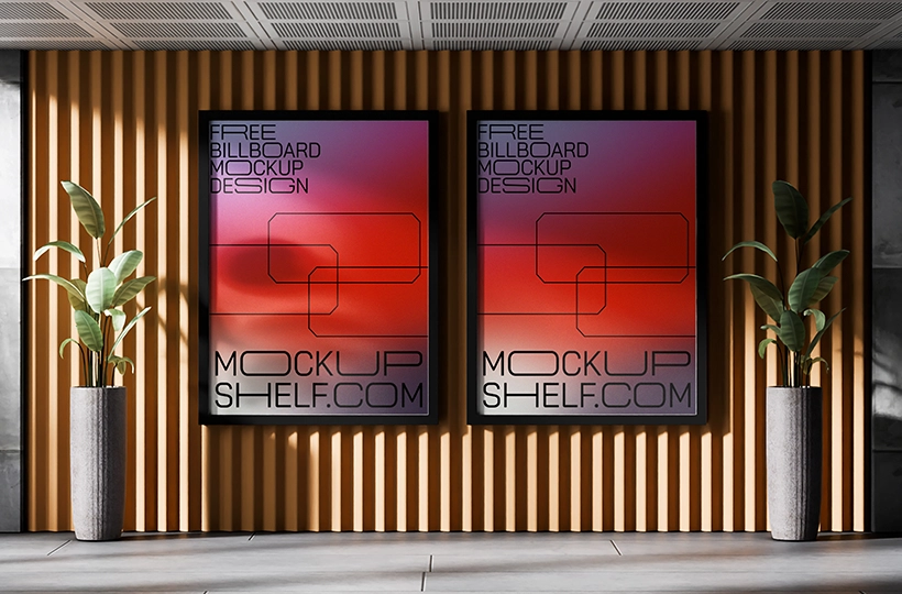 Two vertical indoor billboards displayed on a wooden slat wall with tall plants on each side