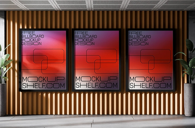 Three vertical indoor billboards displayed side by side on a wooden slat wall with indoor plants