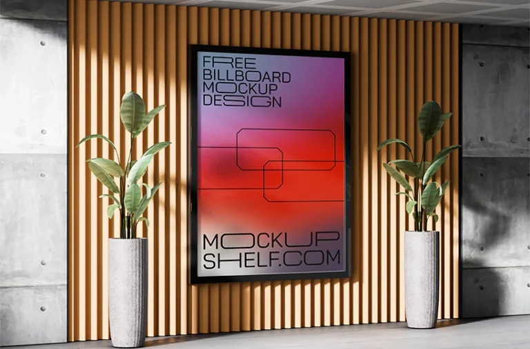 ree interior billboard mockup PSD — vertical framed display on wooden slat wall in modern lobby with tropical plants
