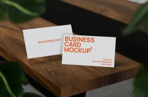 Free clean business card mockup PSD — two white cards on dark wooden surface with green foliage background