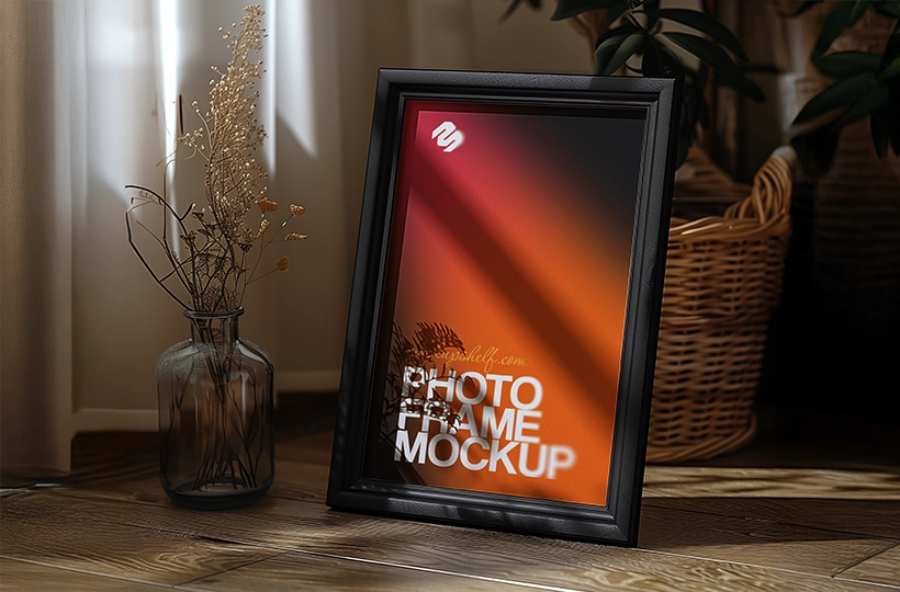 Black photo frame mockup on wooden floor with warm sunlight and indoor decor elements