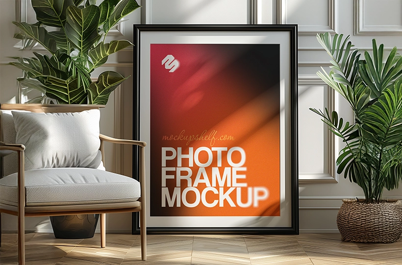 Large framed photo mockup placed on a wooden floor next to indoor plants in a bright interior room