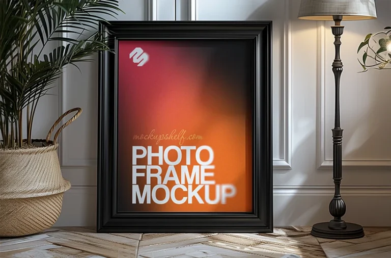 `Free decor photo frame mockup PSD with large standing frame in a styled interior scene