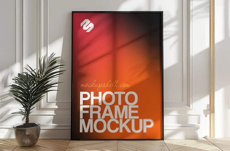 Free floor photo frame mockup PSD with large vertical frame in an interior wall setting