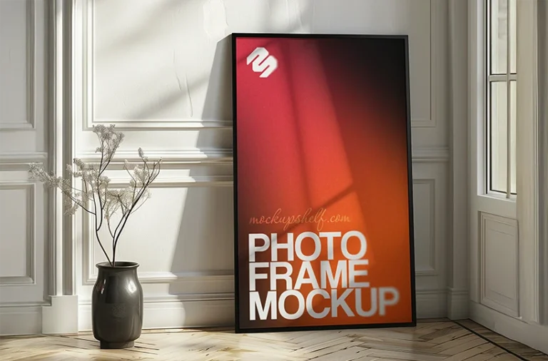 Free interior display photo frame mockup PSD with floor-leaning vertical frame and natural wall shadows