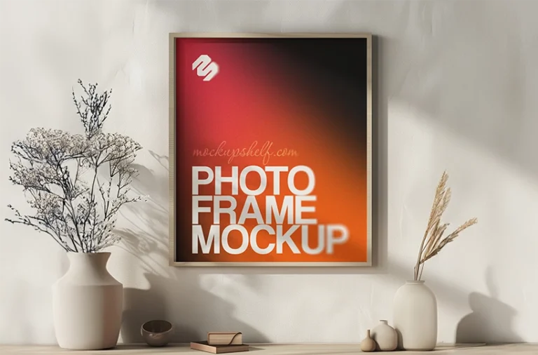 Free modern photo frame mockup PSD with vertical wall frame and minimal interior decor styling