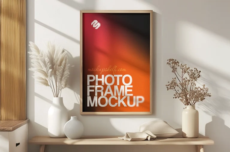 Free sunlit wall photo frame mockup PSD with vertical frame and natural shadow depth