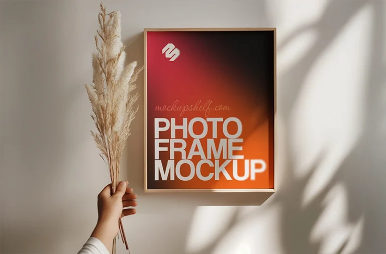 Free close-up photo frame mockup PSD with vertical wall frame and natural side shadow depth