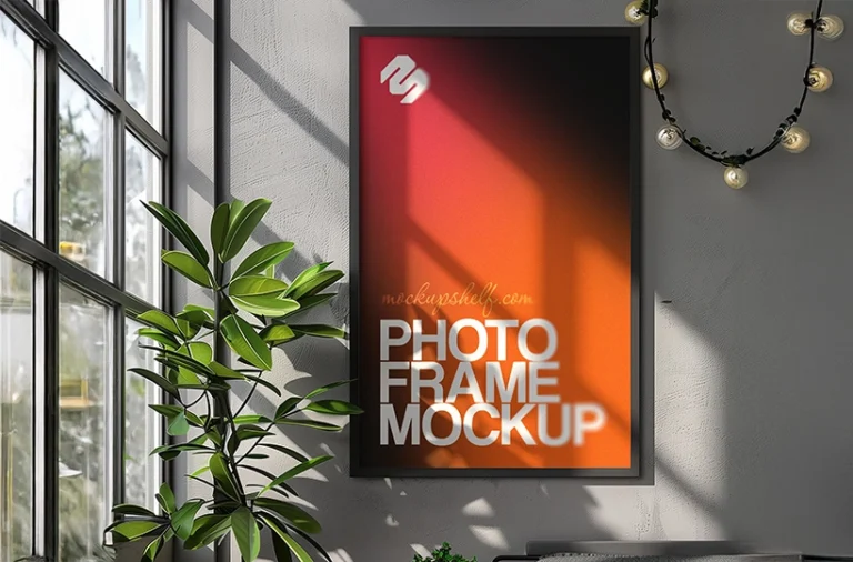 Free window side photo frame mockup PSD with vertical wall frame and natural interior shadow depth