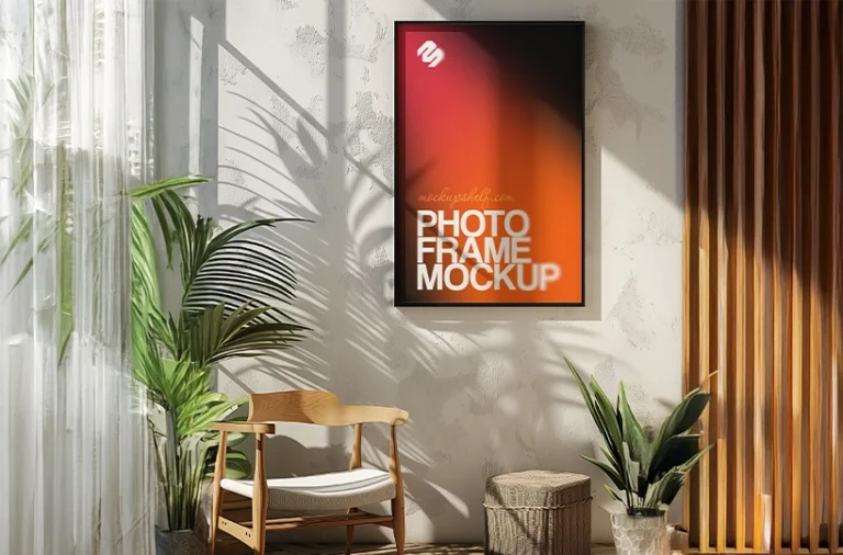 Free sunlit interior photo frame mockup PSD with vertical wall frame and natural shadow patterns
