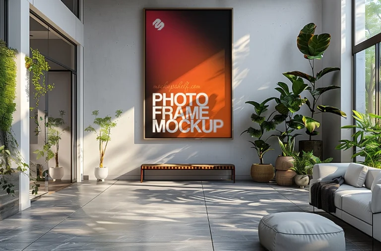 Free living room photo frame mockup PSD with vertical wall frame, plants, and natural daylight shadows