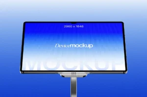 Free tablet screen mockup PSD — landscape tablet on stand with blue gradient display