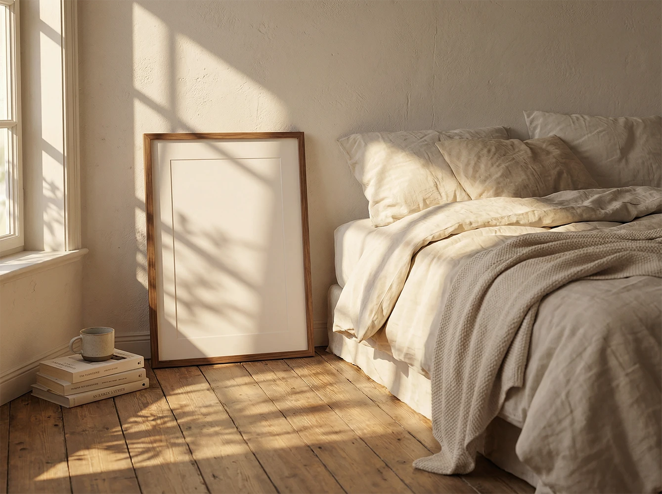 Modern frame mockup blank template — editable smart object layer, sunlit bedroom interior, no design