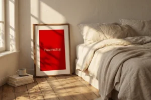 Free modern frame mockup PSD — wooden leaning frame in warm sunlit bedroom interior