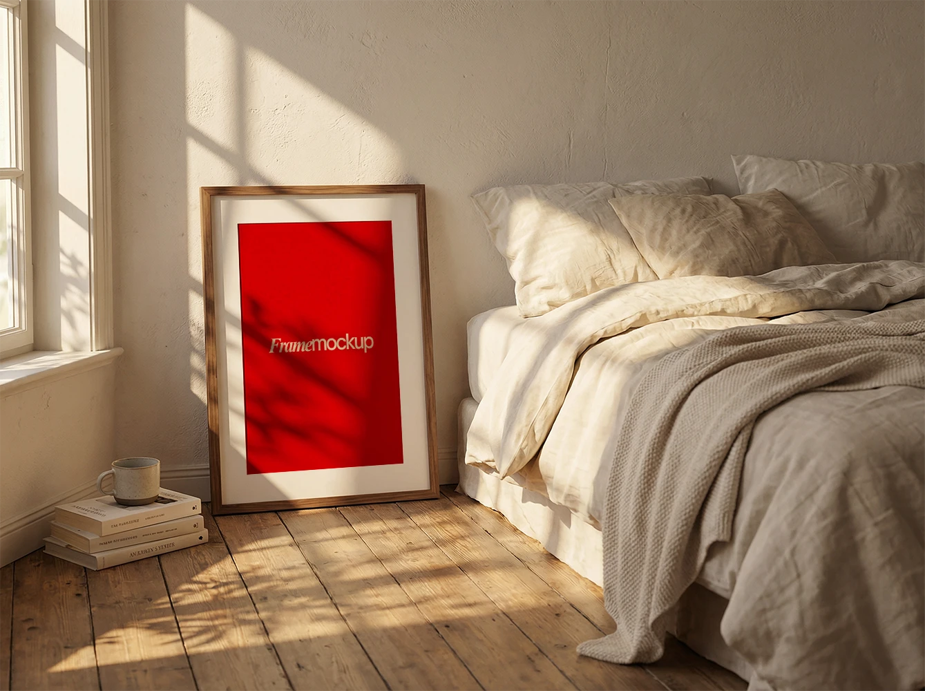 Modern frame mockup — with design applied Modern frame mockup with sample design — leaning wooden frame in sunlit bedroom interior