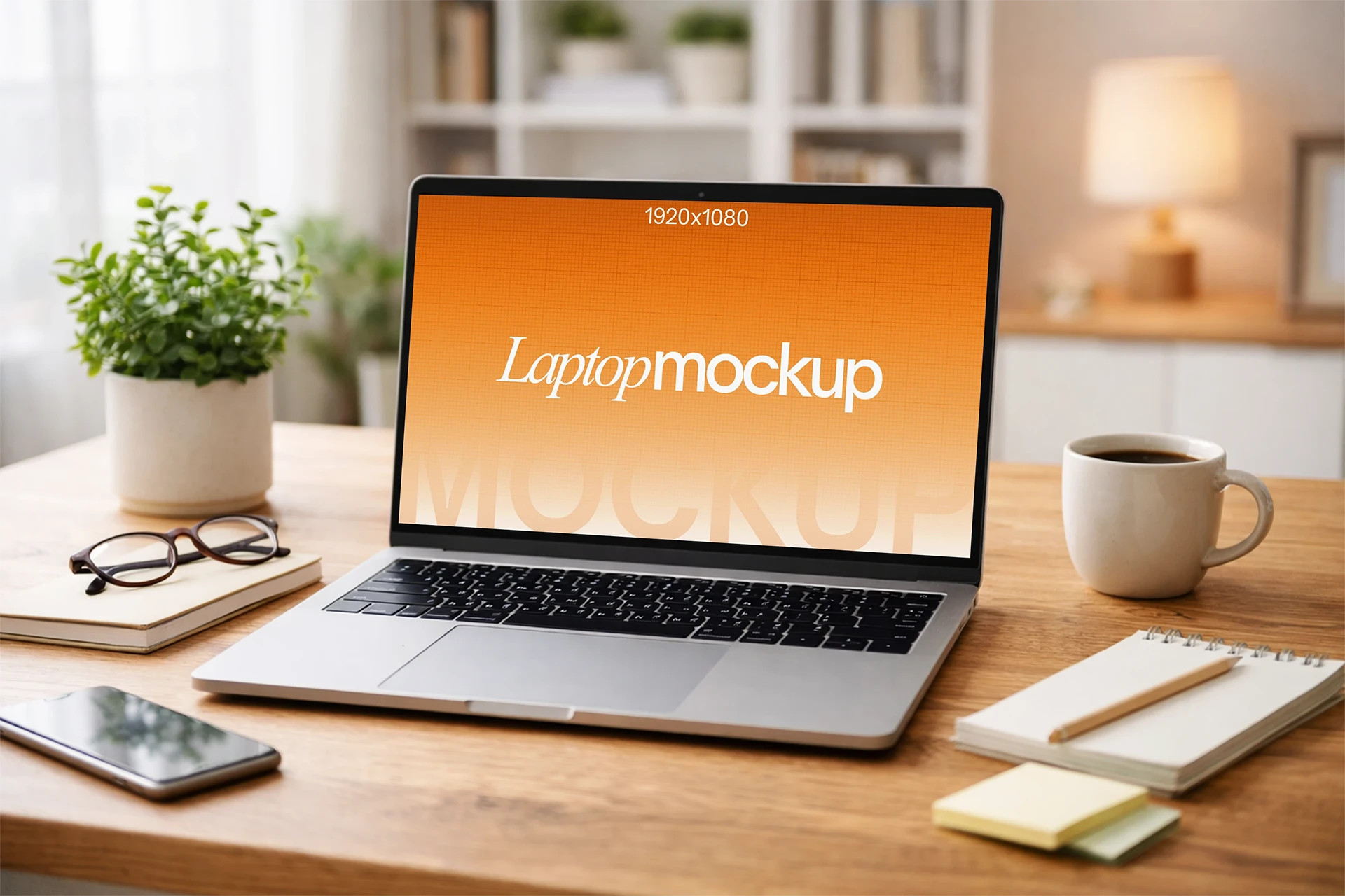 Laptop mockup on desk with sample design — silver laptop on wooden home office desk with workspace props