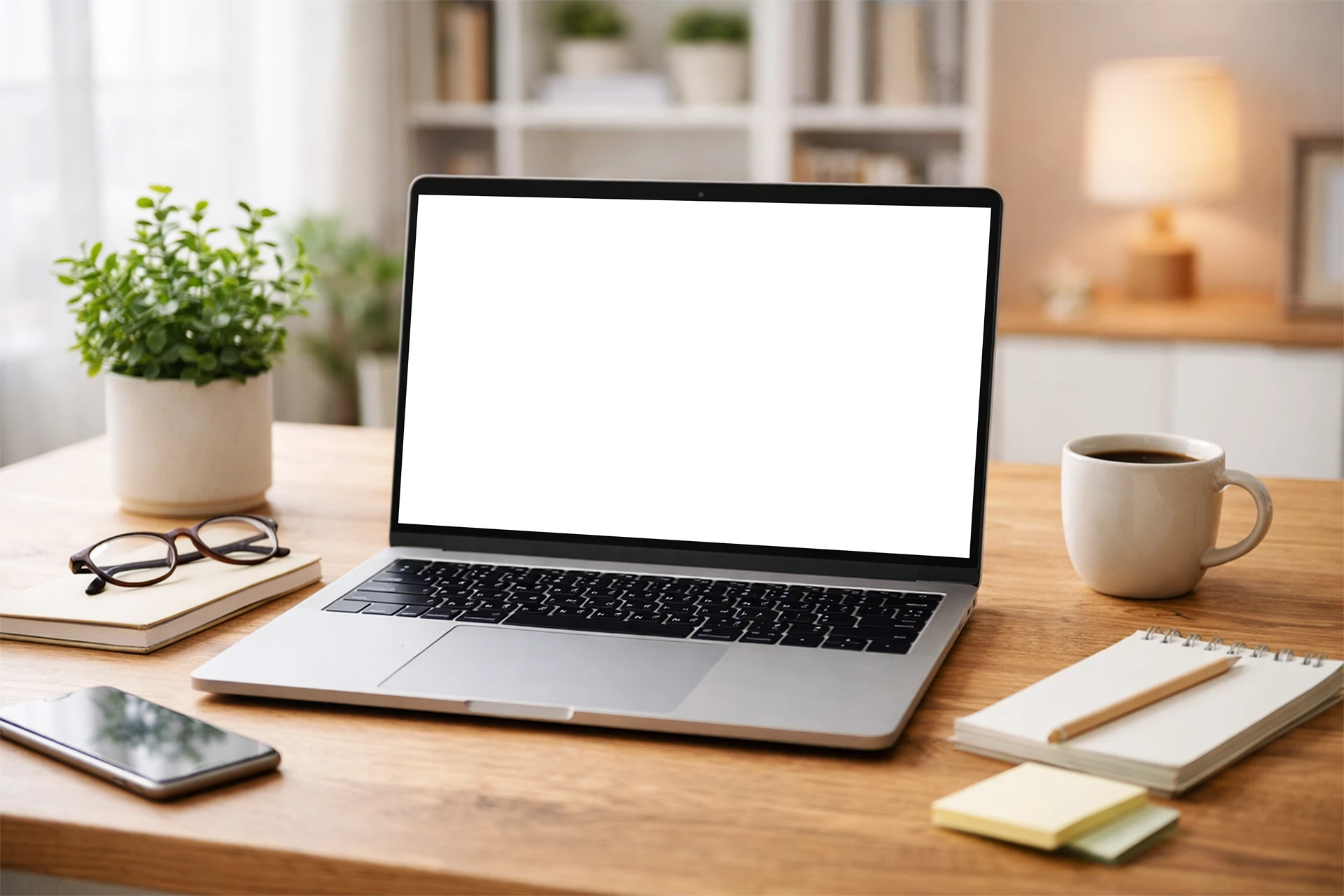 Laptop mockup on desk blank template — editable smart object layer, silver laptop on wooden desk, no design