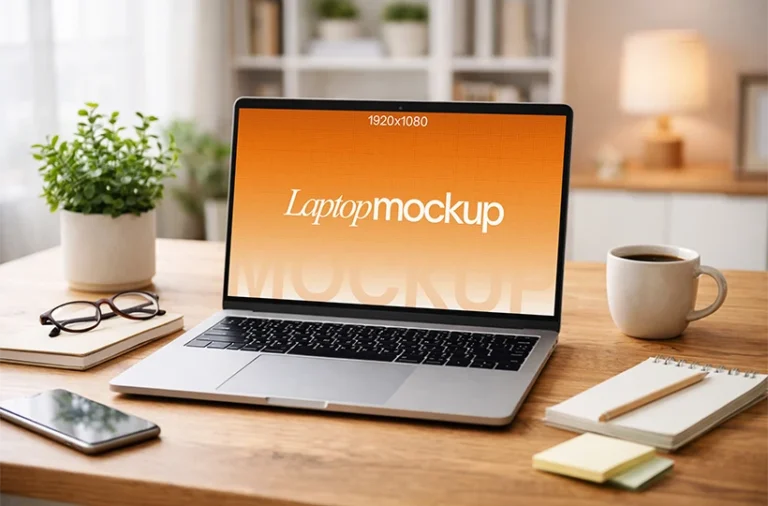Free laptop mockup on desk PSD — silver laptop on warm wooden home office desk with coffee mug and plant