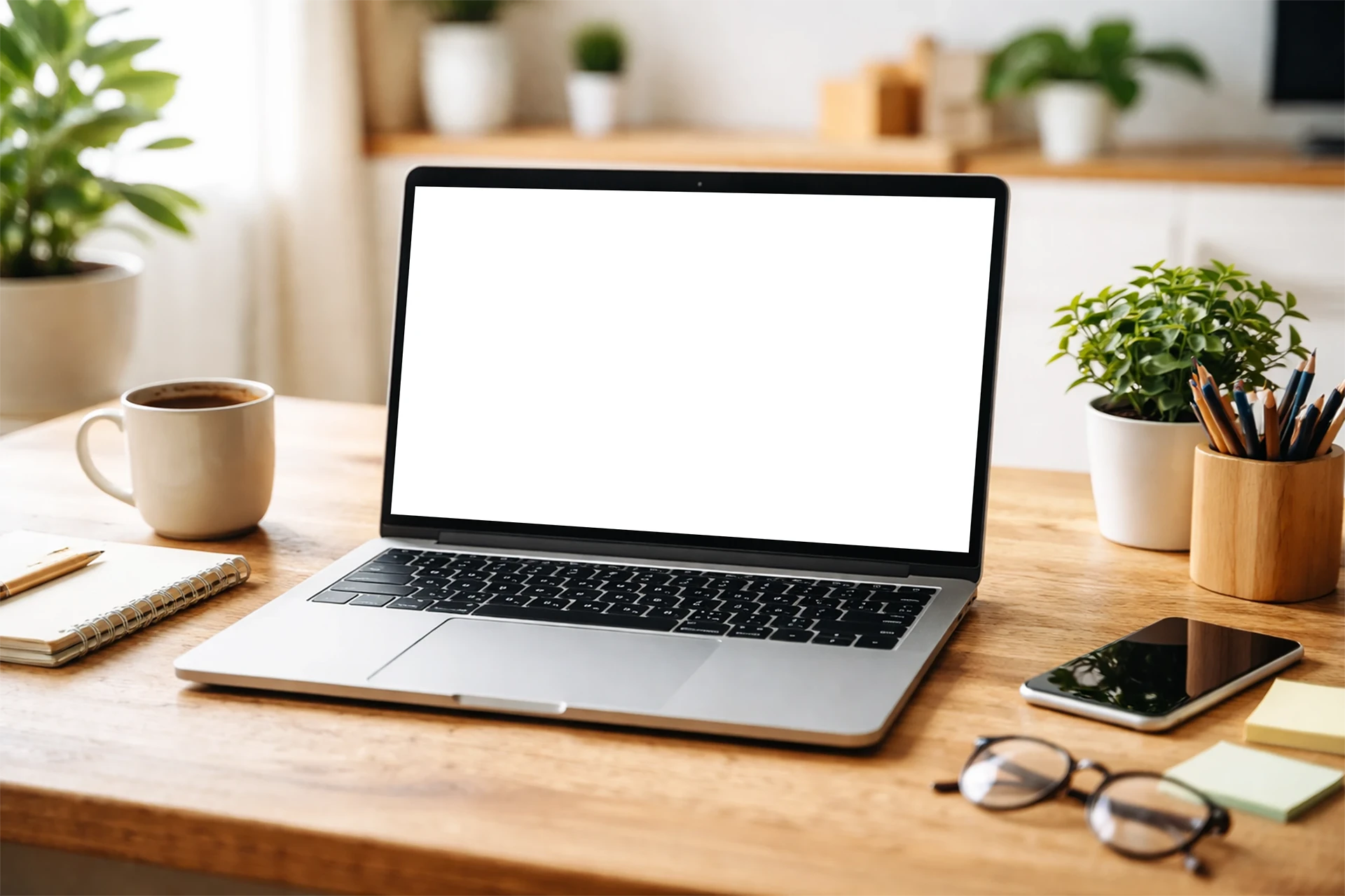Laptop mockup blank template with editable smart object on wooden desk in a home office scene