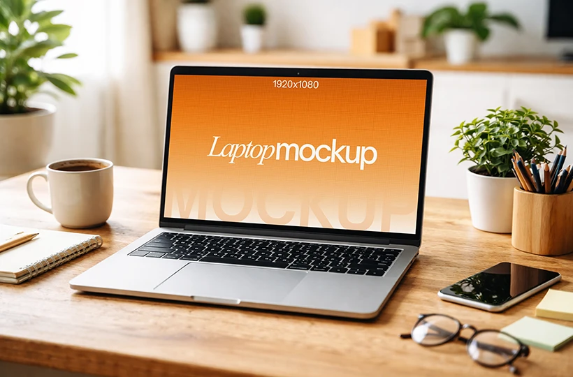 Free home office laptop mockup PSD on wooden desk with coffee mug, plants, notebook, and soft daylight