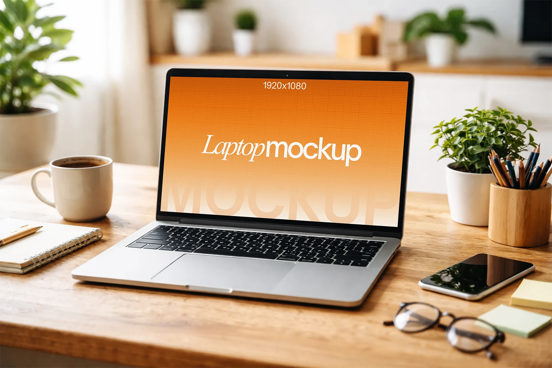 Laptop mockup with sample design on a wooden home office desk with coffee and plants