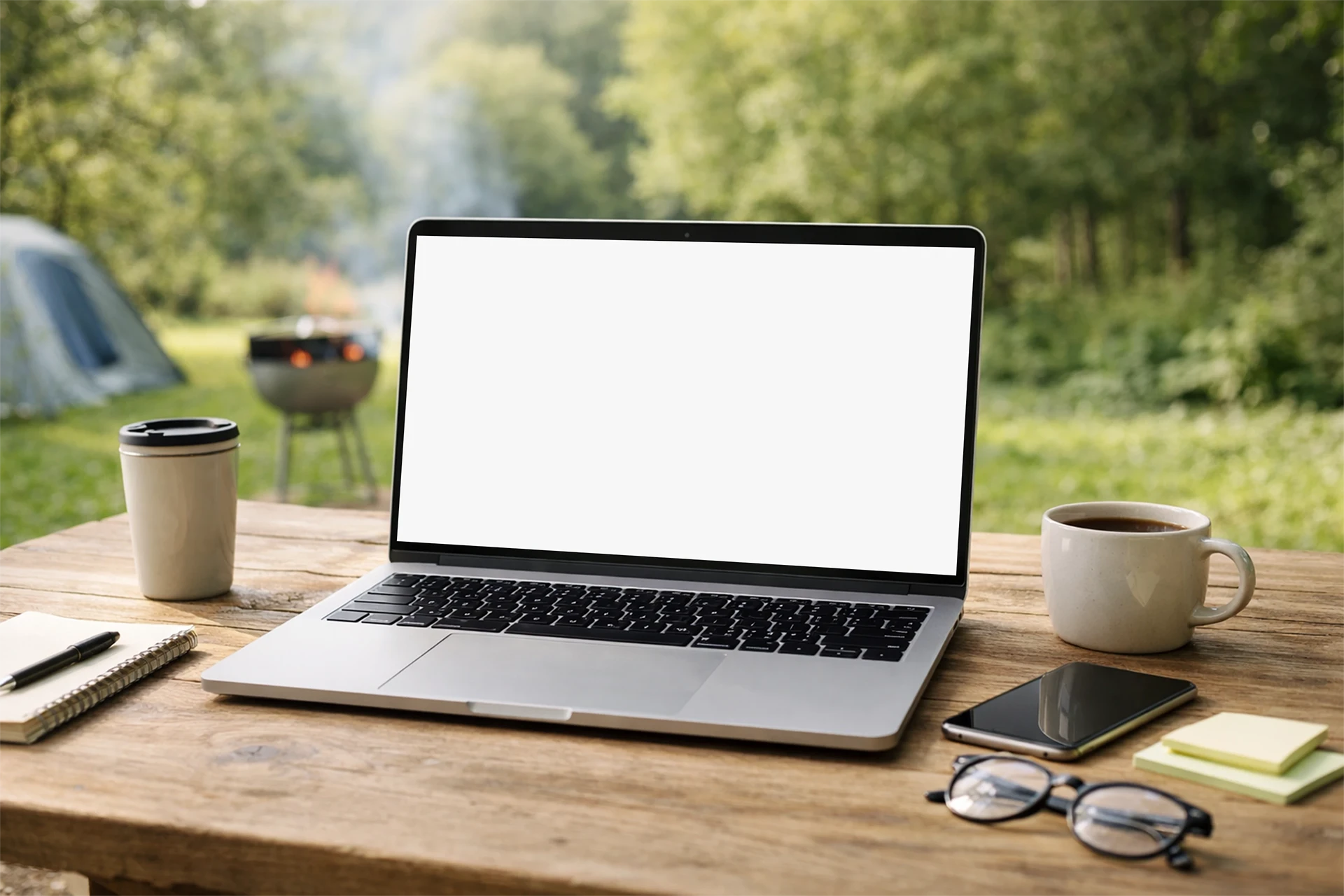 Outdoor laptop mockup blank template with editable smart object on rustic wooden table