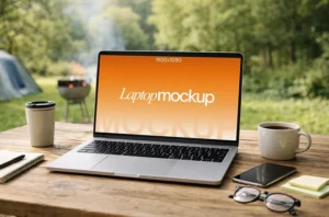 Free outdoor laptop mockup PSD on a rustic table with coffee mugs and forest background