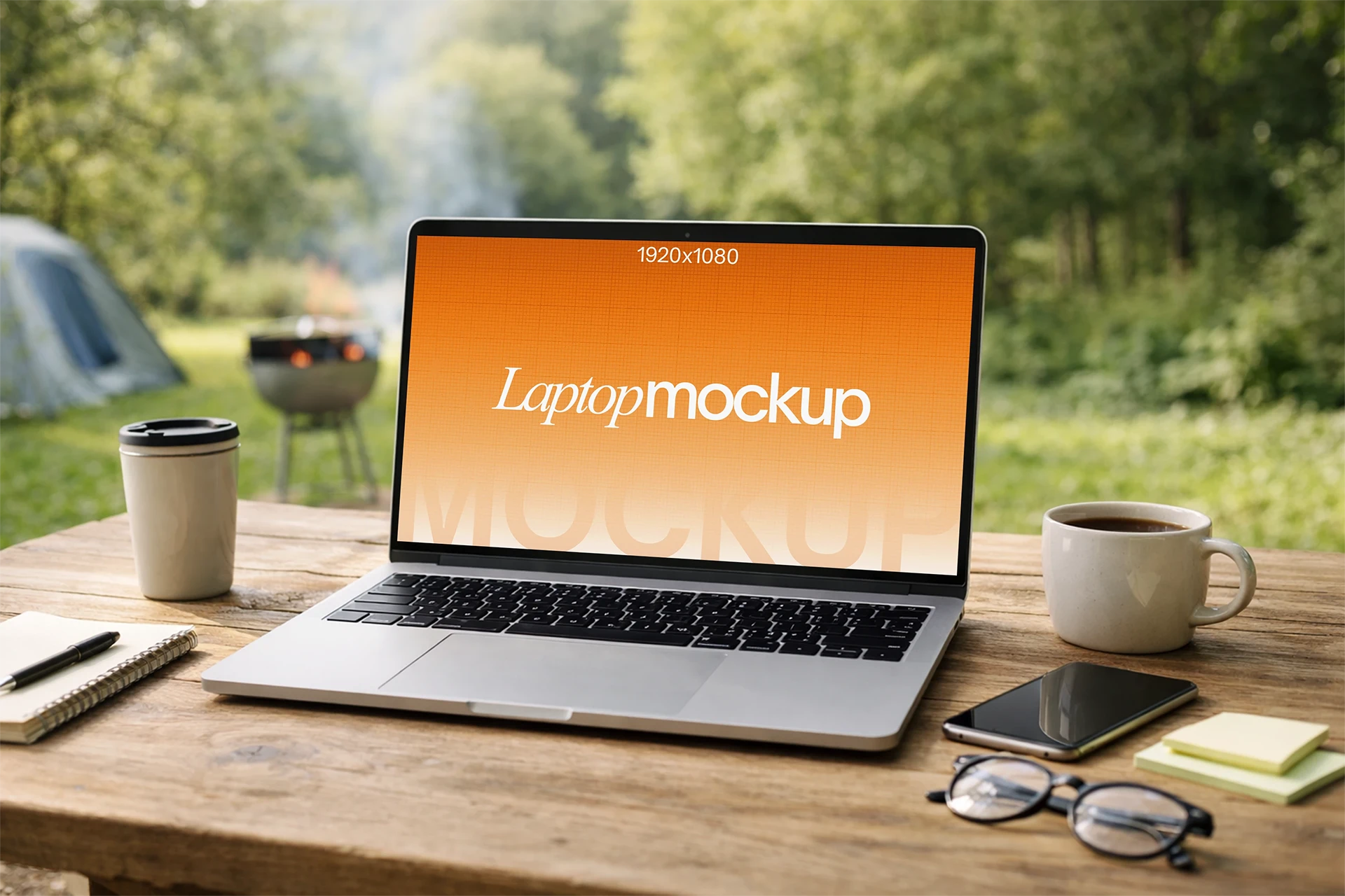 Outdoor laptop mockup with design applied Outdoor laptop mockup with sample design on rustic camping table with coffee and notebook
