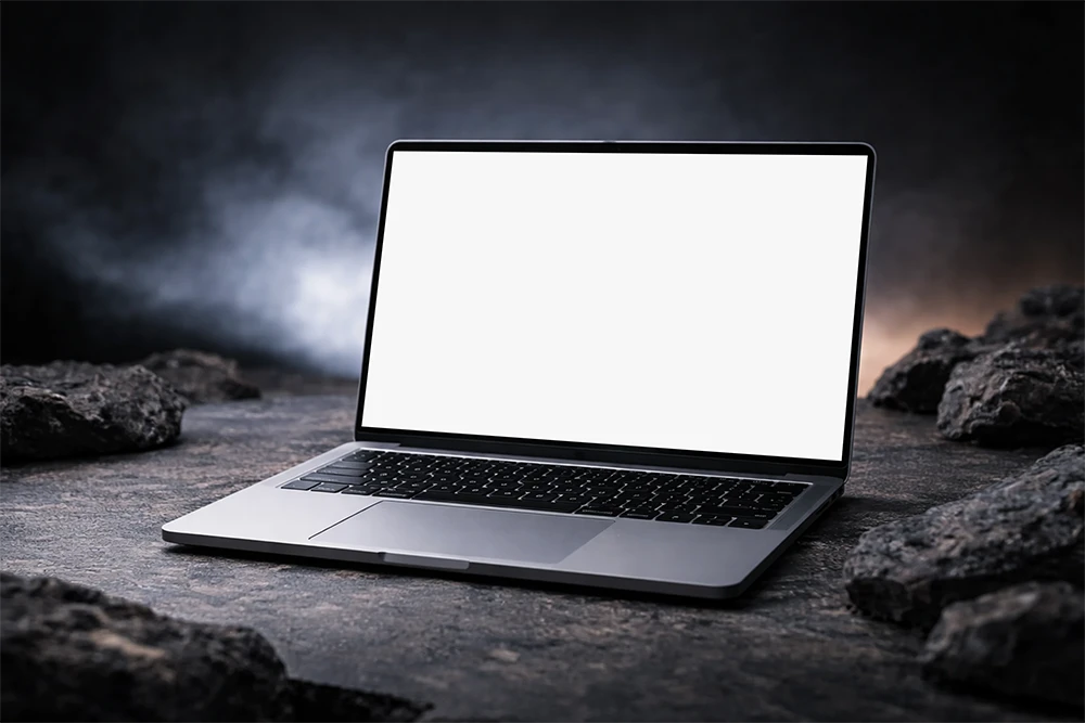 Laptop mockup blank template on stone surface with editable smart object and smoky background