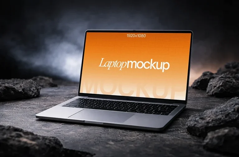 Free laptop mockup on stone PSD with smoky dark background and textured rocky surface