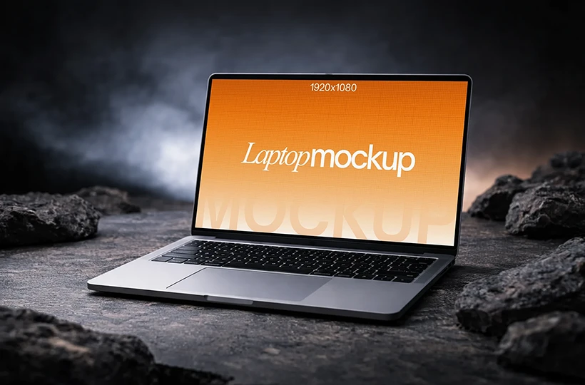 Free laptop mockup on stone PSD with smoky dark background and textured rocky surface