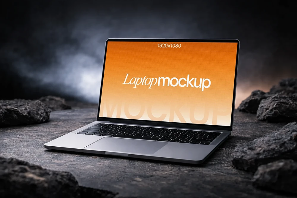 Laptop mockup on stone with design applied Laptop mockup with sample design on stone surface in a dark smoky scene