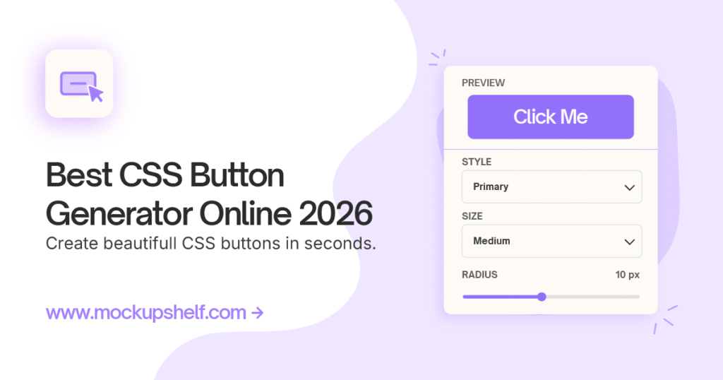 Best CSS button generator online 2026 showing live button preview with style, size and radius controls