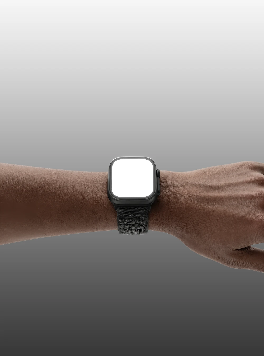 Wrist smartwatch mockup blank screen - dark case sport loop band on arm, gradient blue background, no design