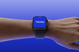 Wrist smartwatch mockup feature image - sample UI design on square watch face, gradient blue studio scene