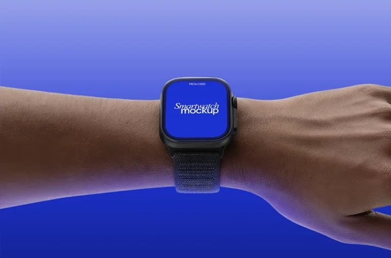 Wrist smartwatch mockup feature image - sample UI design on square watch face, gradient blue studio scene