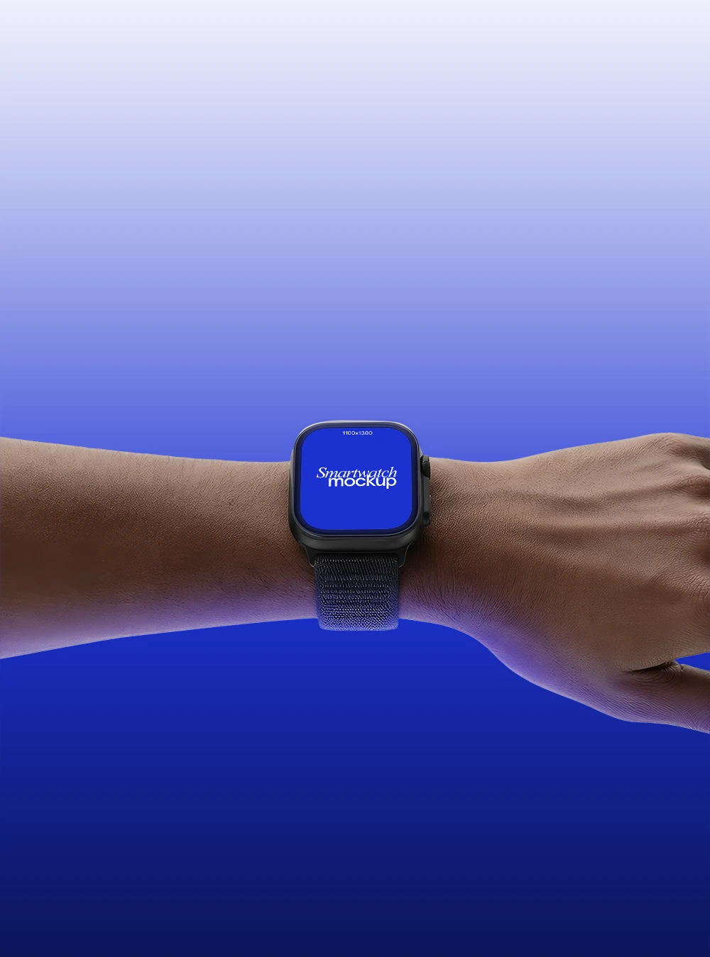 Free wrist smartwatch mockup PSD – preview Free wrist smartwatch mockup PSD - dark case sport loop band on arm with gradient blue studio background