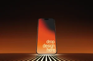Free studio phone mockup PSD - centered smartphone with cinematic orange lighting and reflective surface