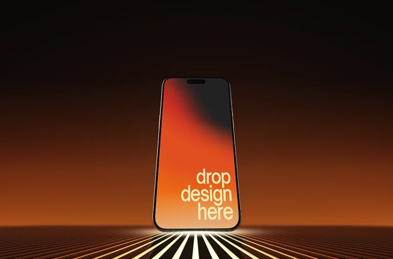 Free studio phone mockup PSD - centered smartphone with cinematic orange lighting and reflective surface