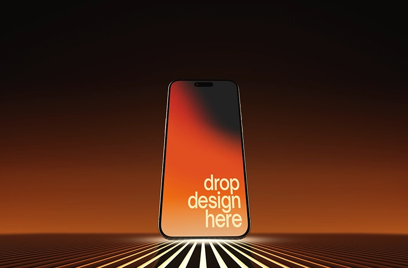 Free studio phone mockup PSD - centered smartphone with cinematic orange lighting and reflective surface