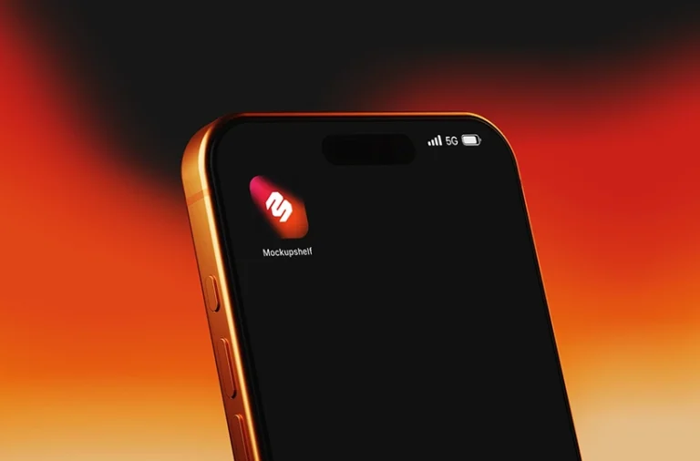 Free cinematic phone mockup PSD - angled smartphone home screen with dramatic orange glow background