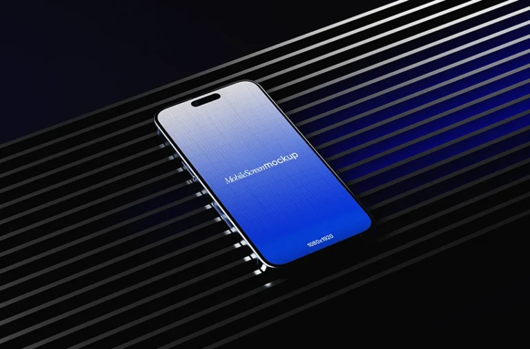 Free neon phone mockup PSD - angled smartphone display with blue lighting and metallic striped reflections