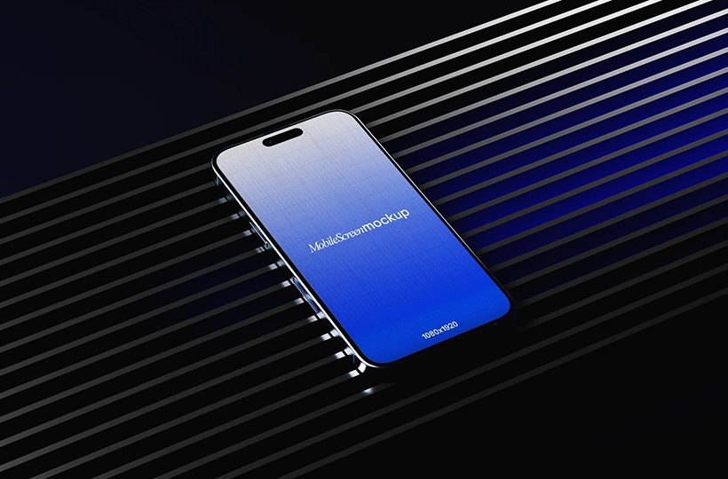 Free neon phone mockup PSD - angled smartphone display with blue lighting and metallic striped reflections
