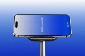Free phone stand mockup PSD - horizontal smartphone display on a stand with blue gradient lighting