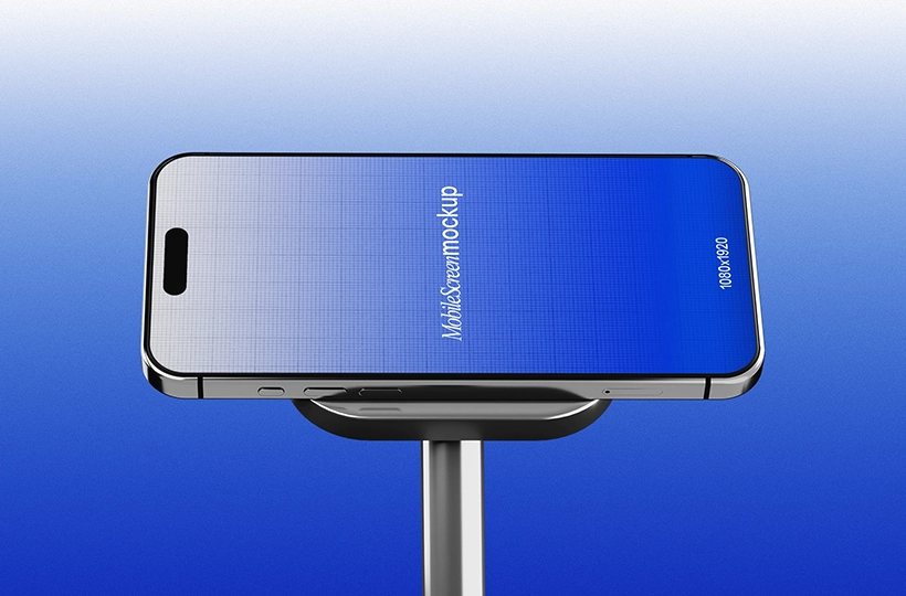 Free phone stand mockup PSD - horizontal smartphone display on a stand with blue gradient lighting