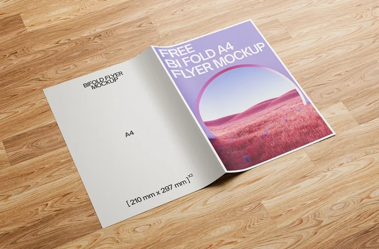 Bi Fold A4 flyer mockup on wooden surface preview