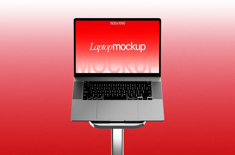 Floating Laptop Mockup on Display Stand with Sample Screen Design
